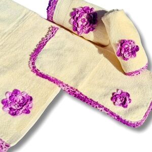 vintage cotton cream hand towel set crochet trim purple floral usa made 4 piece